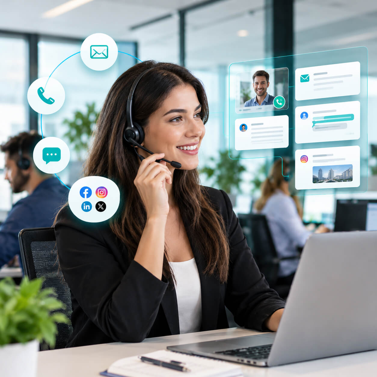 Business professional using a laptop for online communication